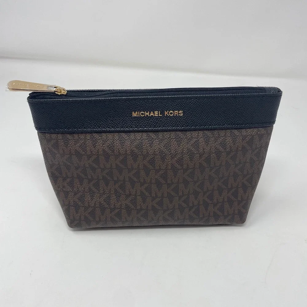 Michael Kors Brown Signature Logo Cosmetic Pouch Black Leather Trim Gold HW